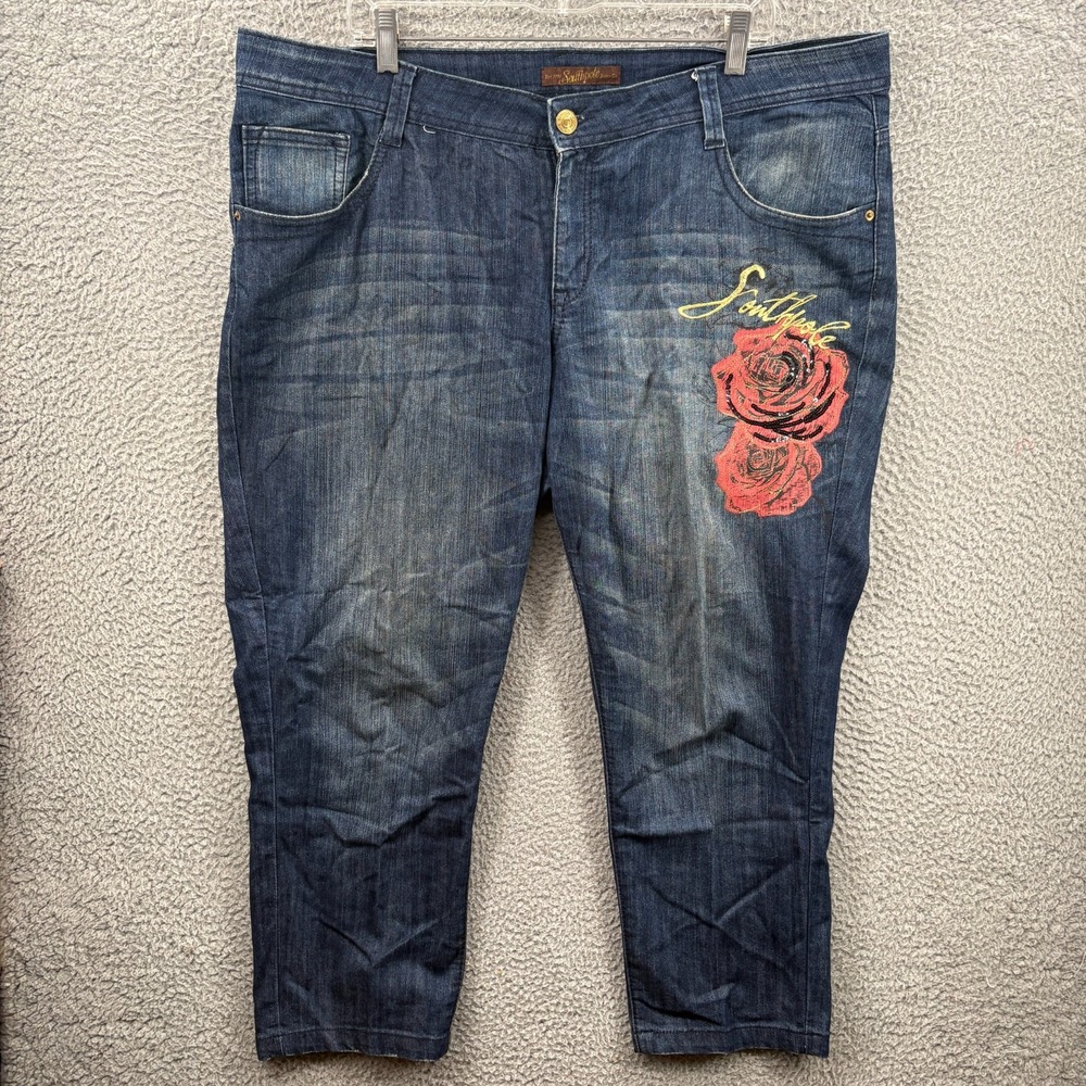 Southpole Jeans Womens 22 Blue Cropped Capris Embroidered Stitched Rose VTG Y2K